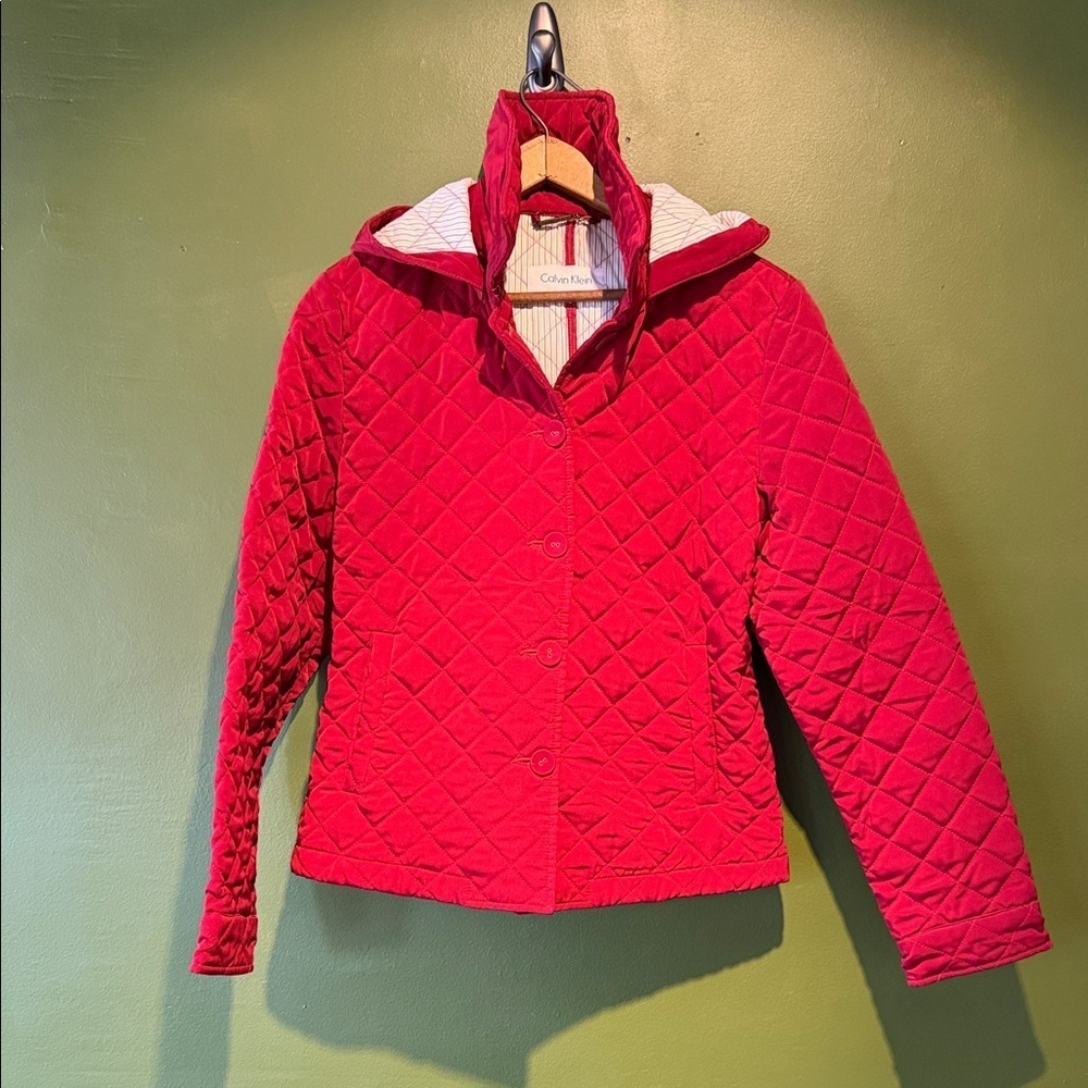 Calvin Klein Red Quilted Jacket with Removable Hood